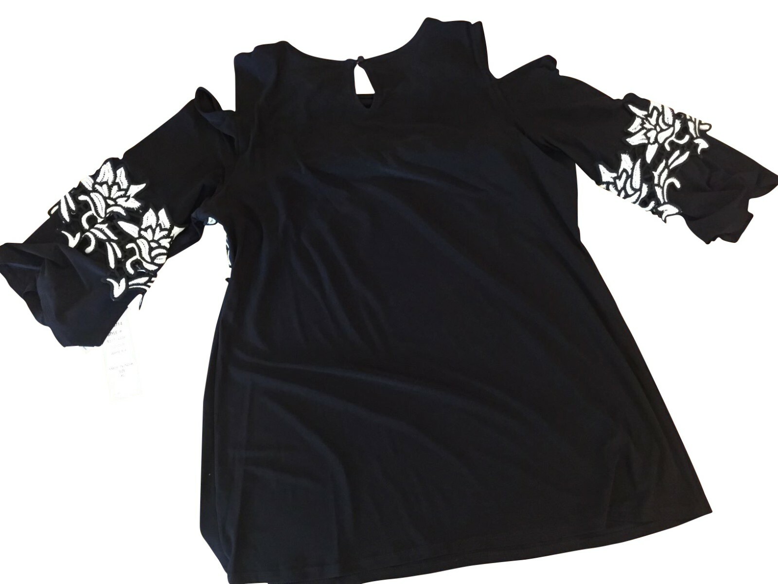 COCO BIANCO S-M-L-XL COLD SHOULDER BELL SLEEVE TOP WITH EMBROIDERY BLACK NWT