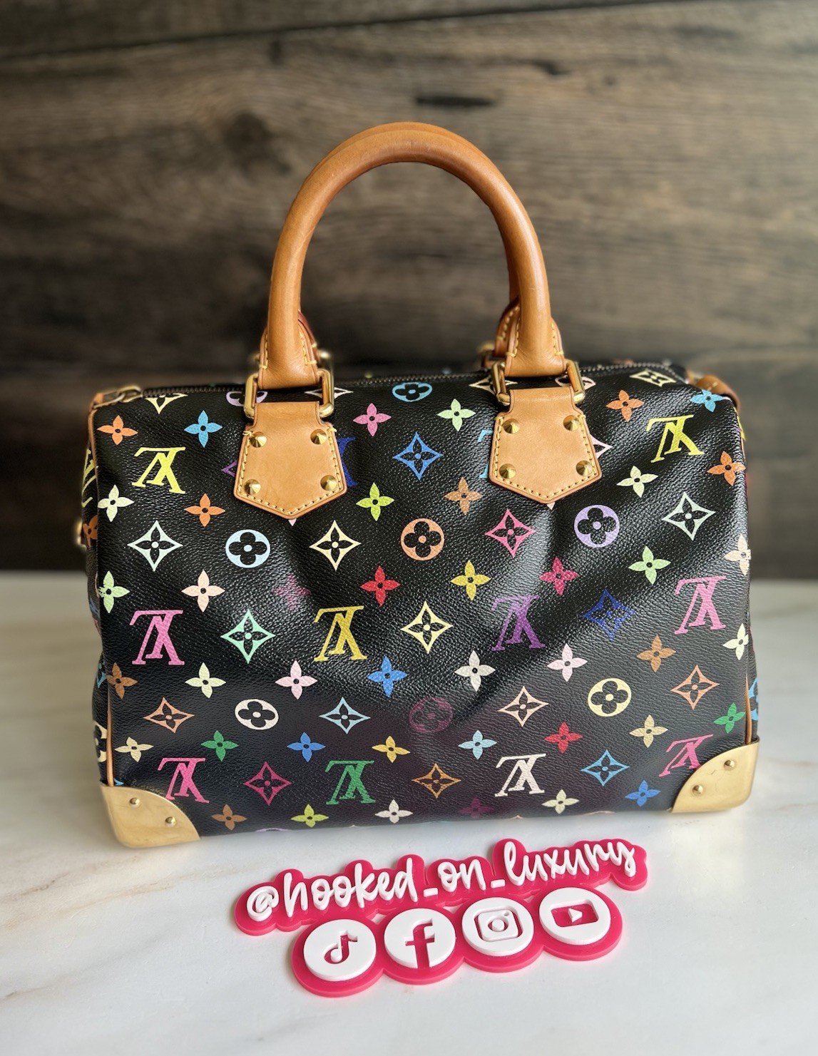 Authentic Louis Vuitton Takashi Murakami Black Multicolor Speedy 30 Handbag Tote