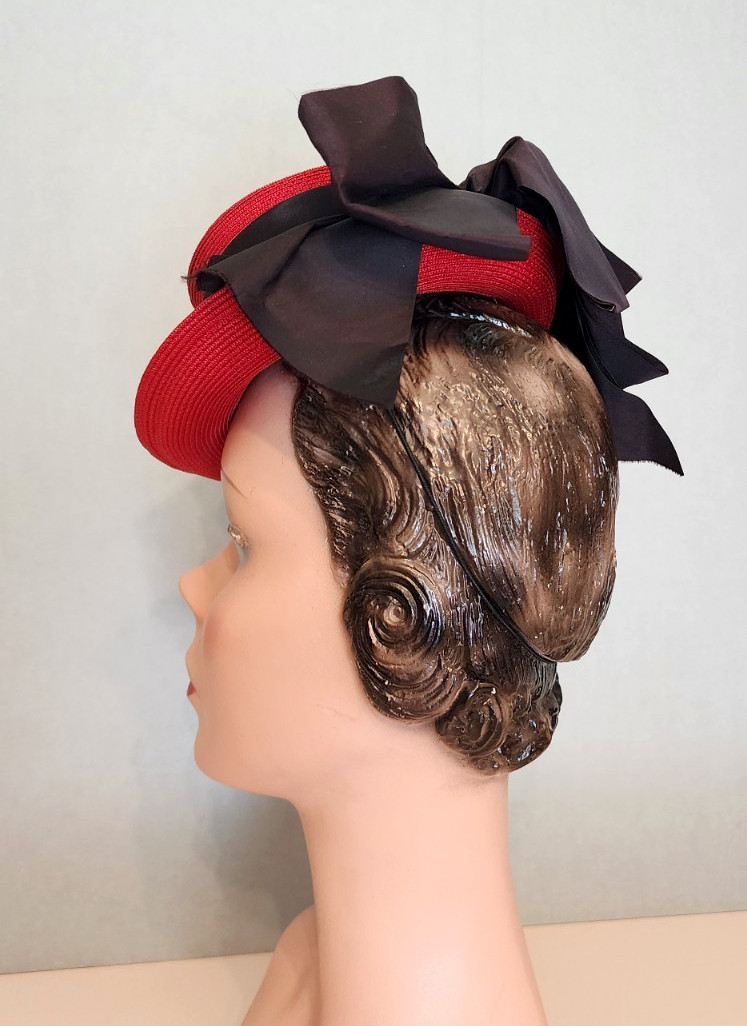 Vintage 1940s Red Toy Tilt Hat Topper Straw Black Bow Satin