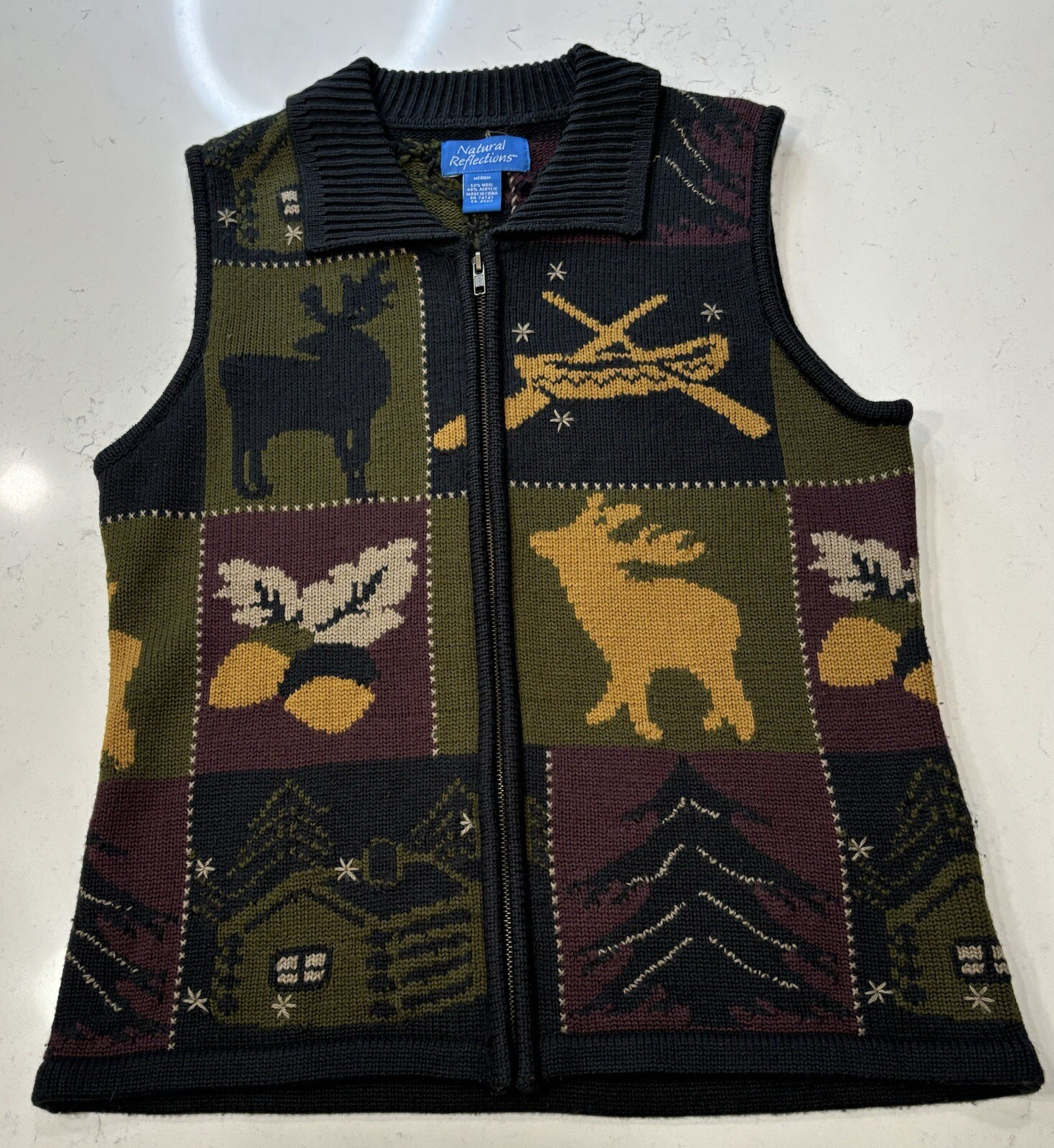 NATURAL REFLECTIONS (VTG) Wool Blend Sweater Vest Med Full Zip Cabincore Nature