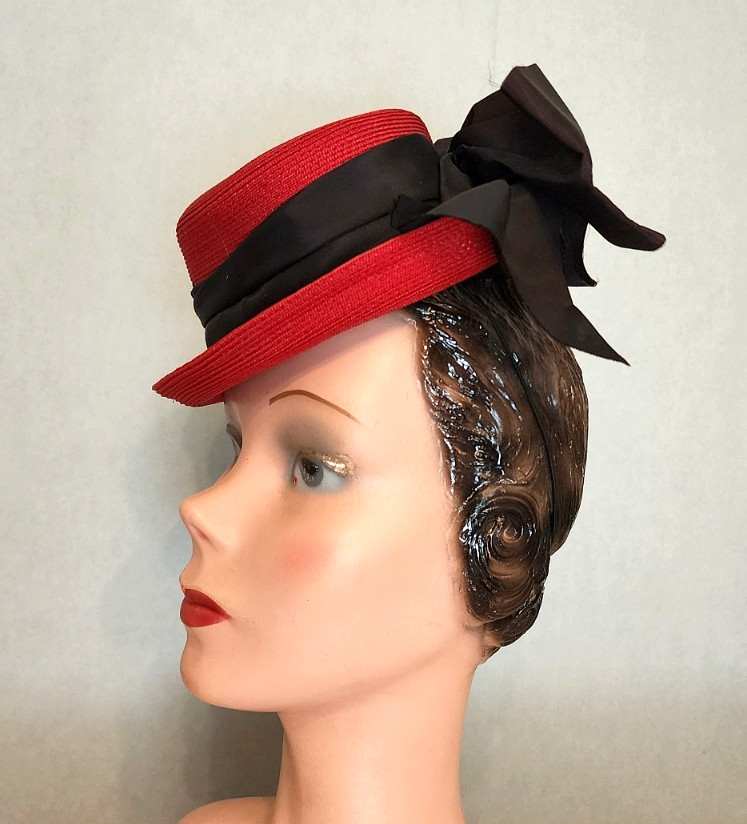 Vintage 1940s Red Toy Tilt Hat Topper Straw Black Bow Satin