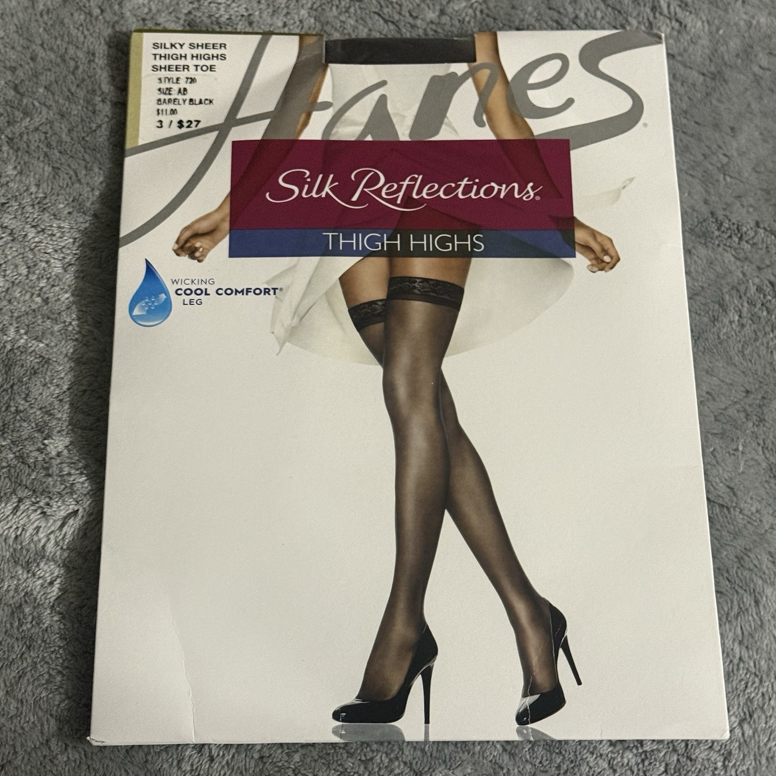 Hanes Silk Reflections Silky Thigh Highs Sheer Toe Women’s Sz AB Barely Black