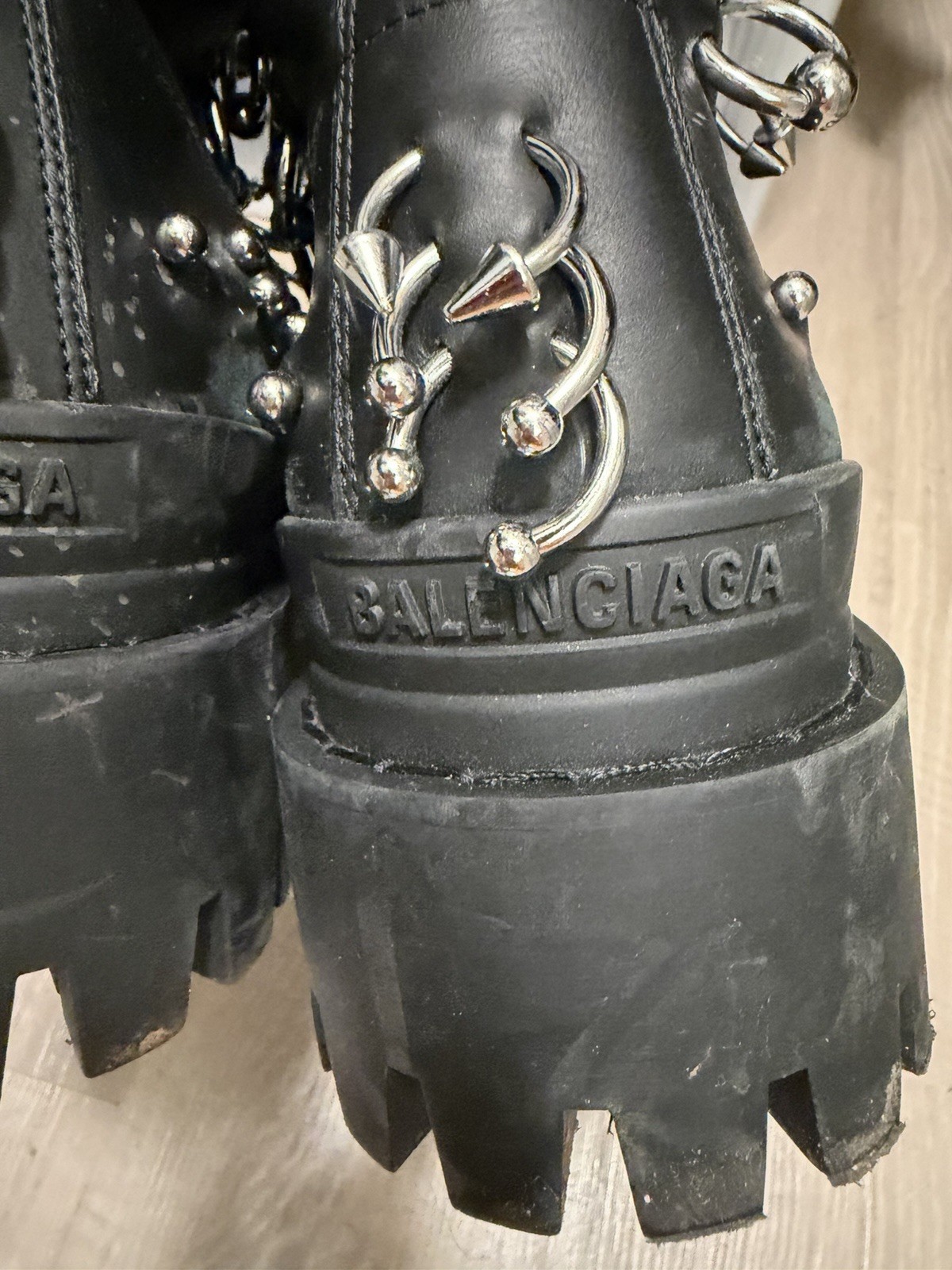 Balenciaga Men’s Black Leather Studded Strike Combat Ankle Boots Lace Up 12