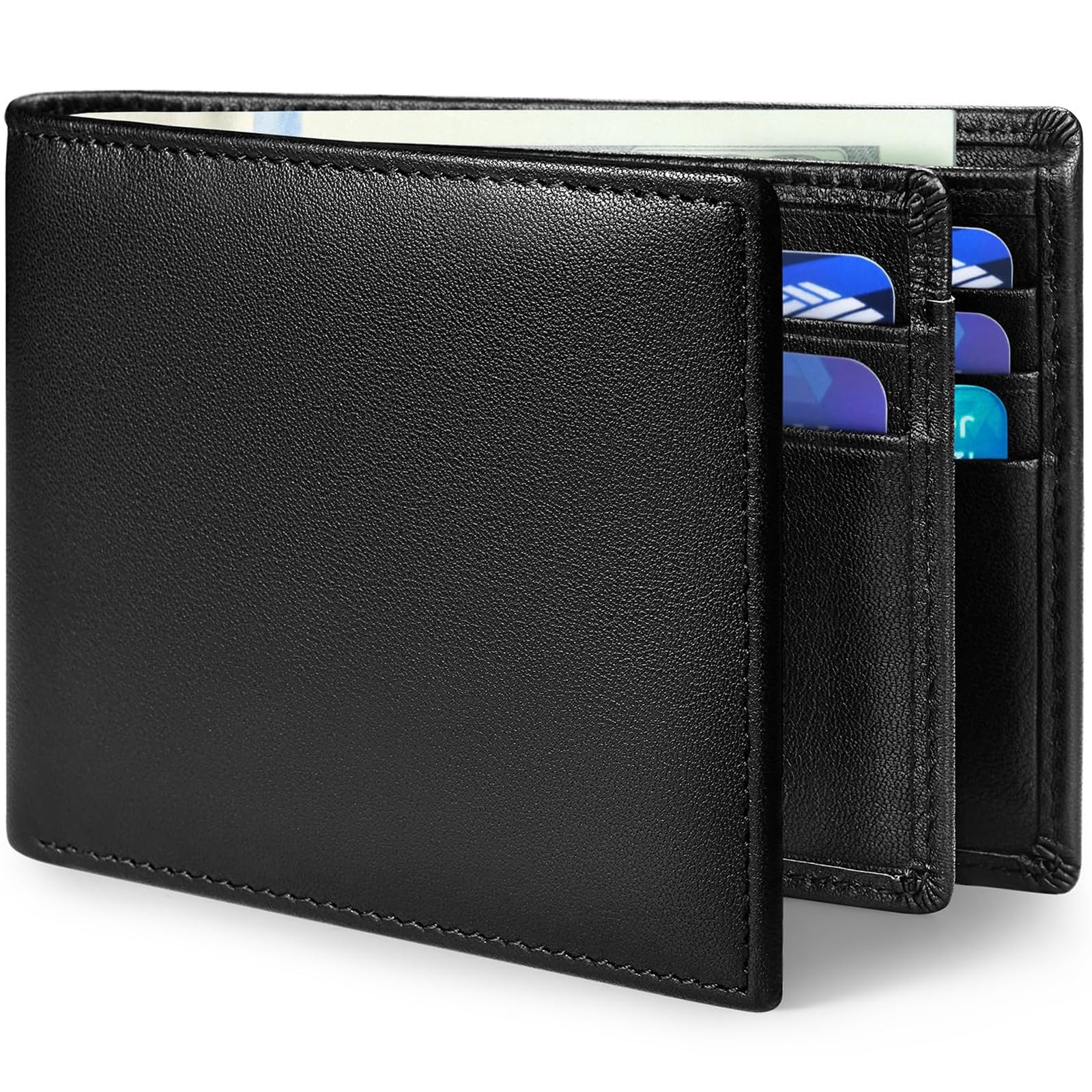 Genuine Leather Mens Wallet, RFID Blocking Bifold Wallet for Men with ID Wind…
