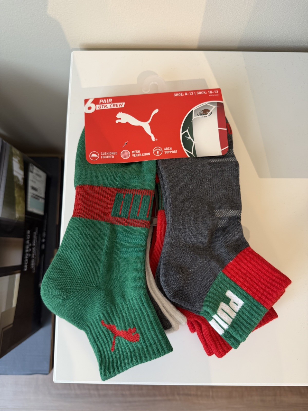Puma 6 Pair QTR Crew Mexico Soccer Team Socks Shoe Size 8-12 Sock Size 10-13