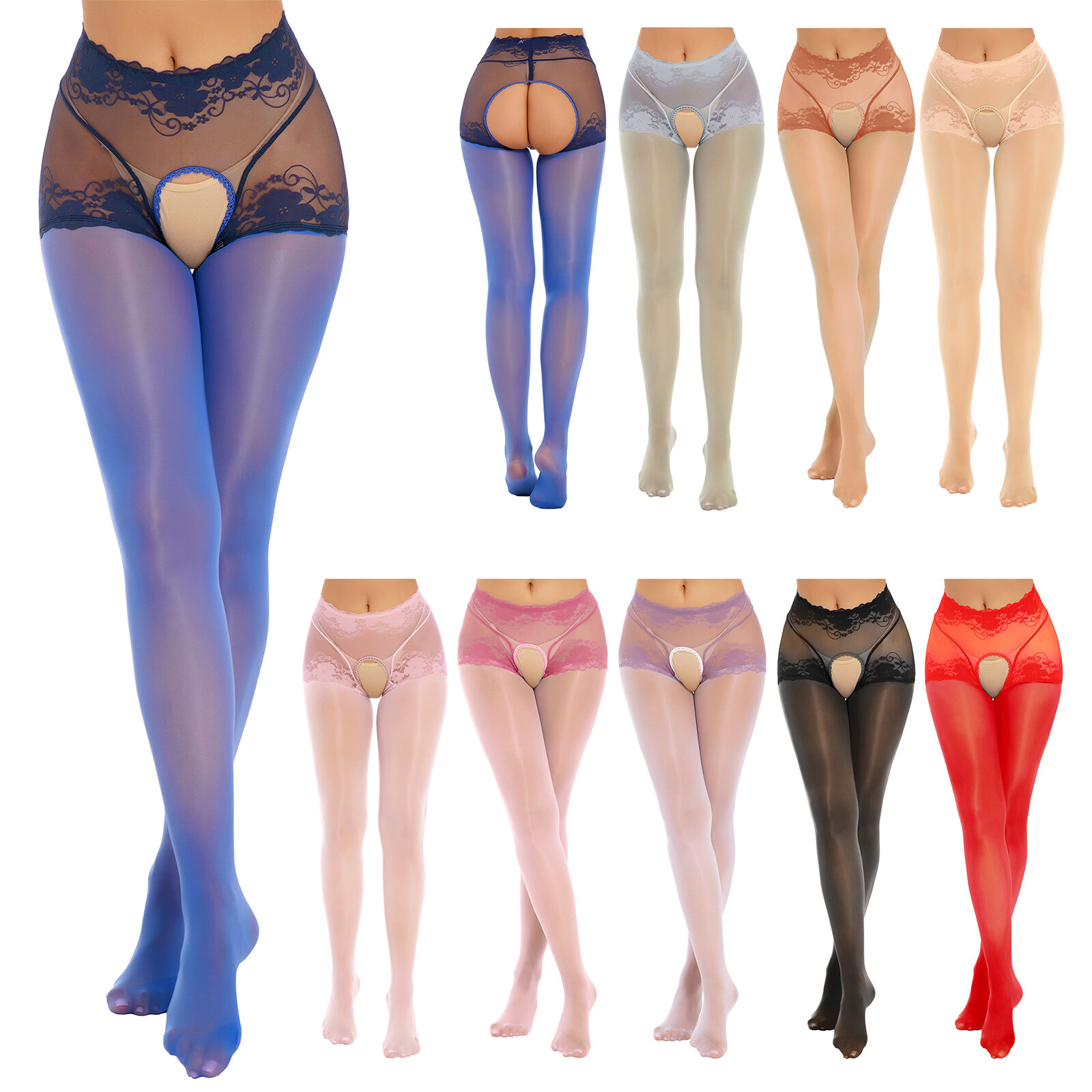 US Womens Oil Glossy Pantyhose Tights Hollow Out Suspender Stockings Hosiery