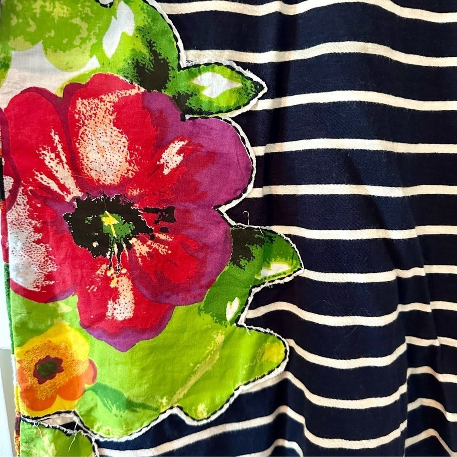 L Navy and white striped Meadow Rue 3/4 sleeve boat neck top