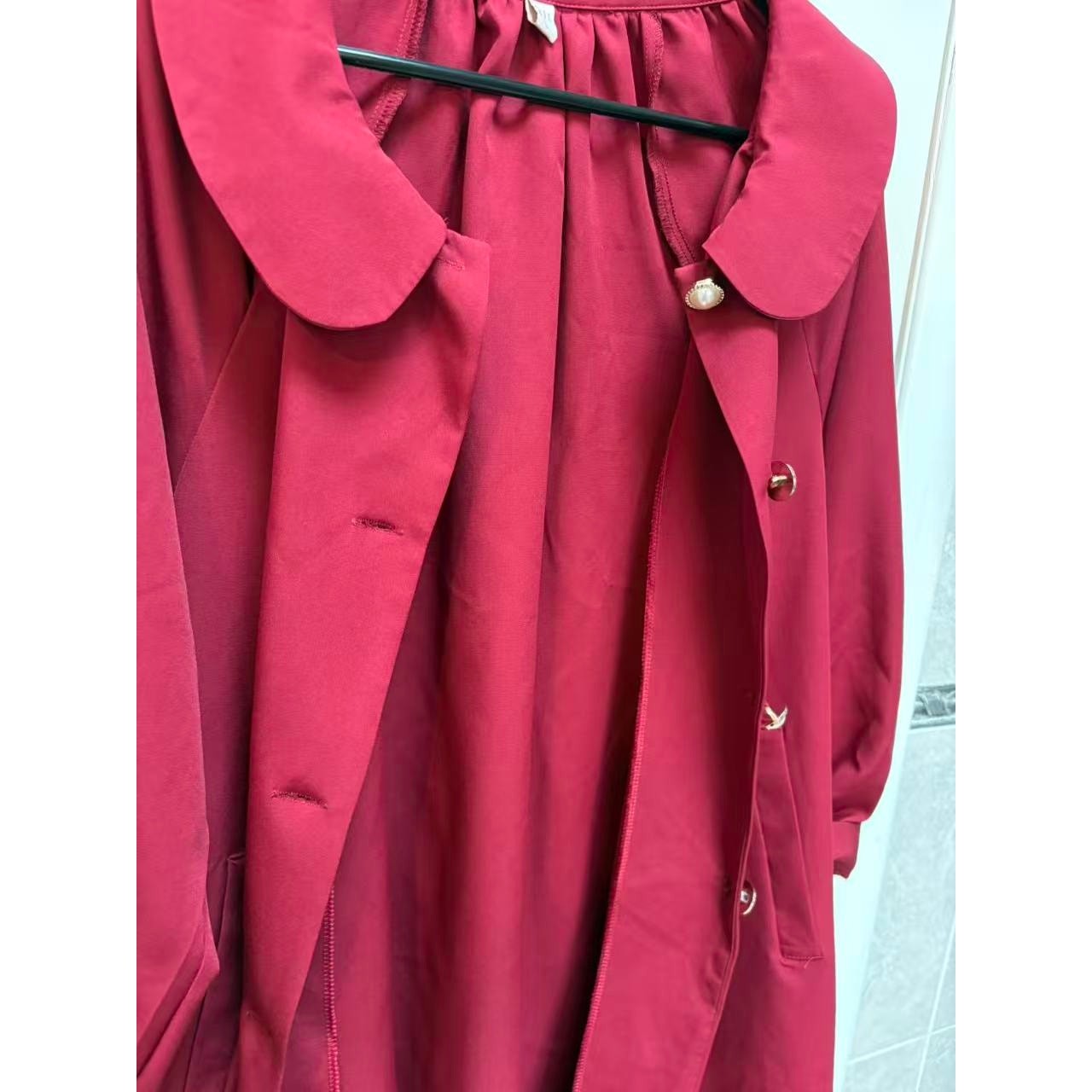 Red Vintage Peter Pan Collar Coat Pearl Button Lace Trim Babydoll Jacket Sz M