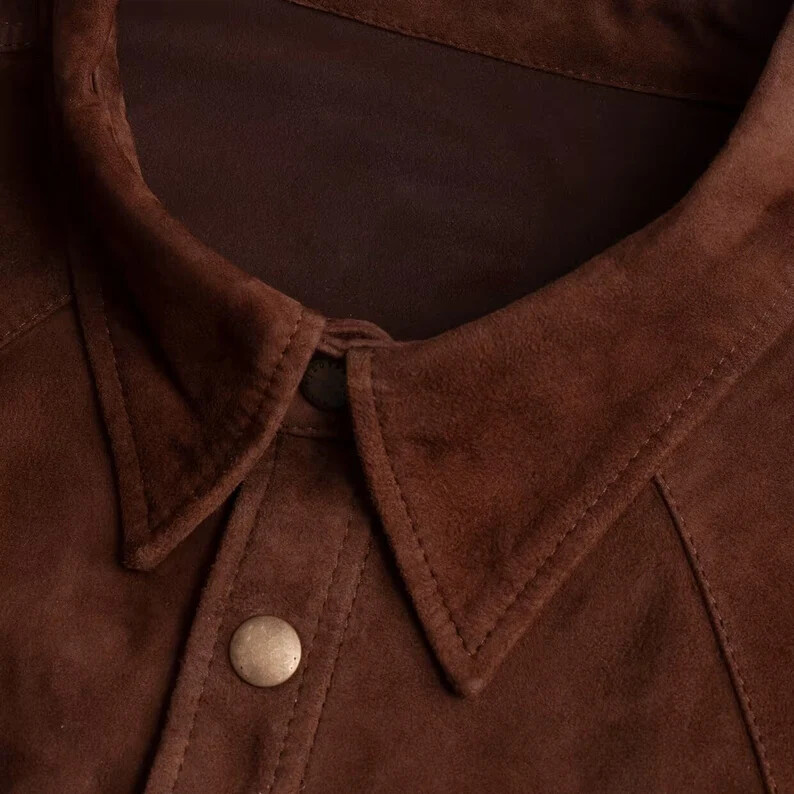 Men’s 100% Brown Suede Leather Trucker Premium Shirt Western Wear Suede Shirt