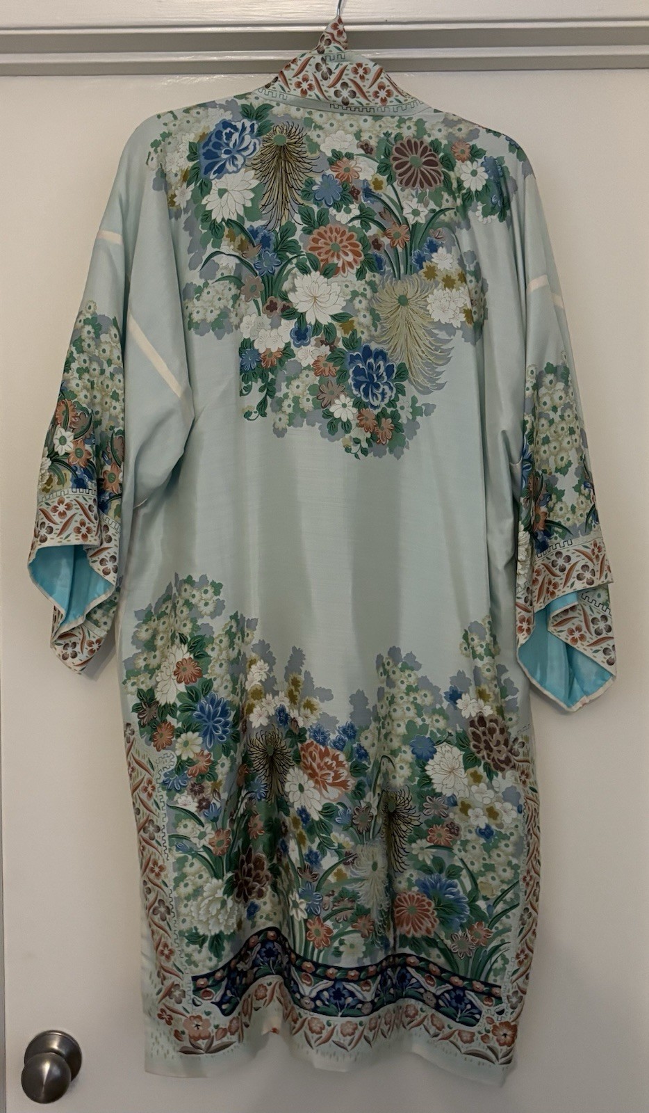 100% Silk Robe Made In Japan Pale Blue, Floral With a Pale Aqua Lining. One Size