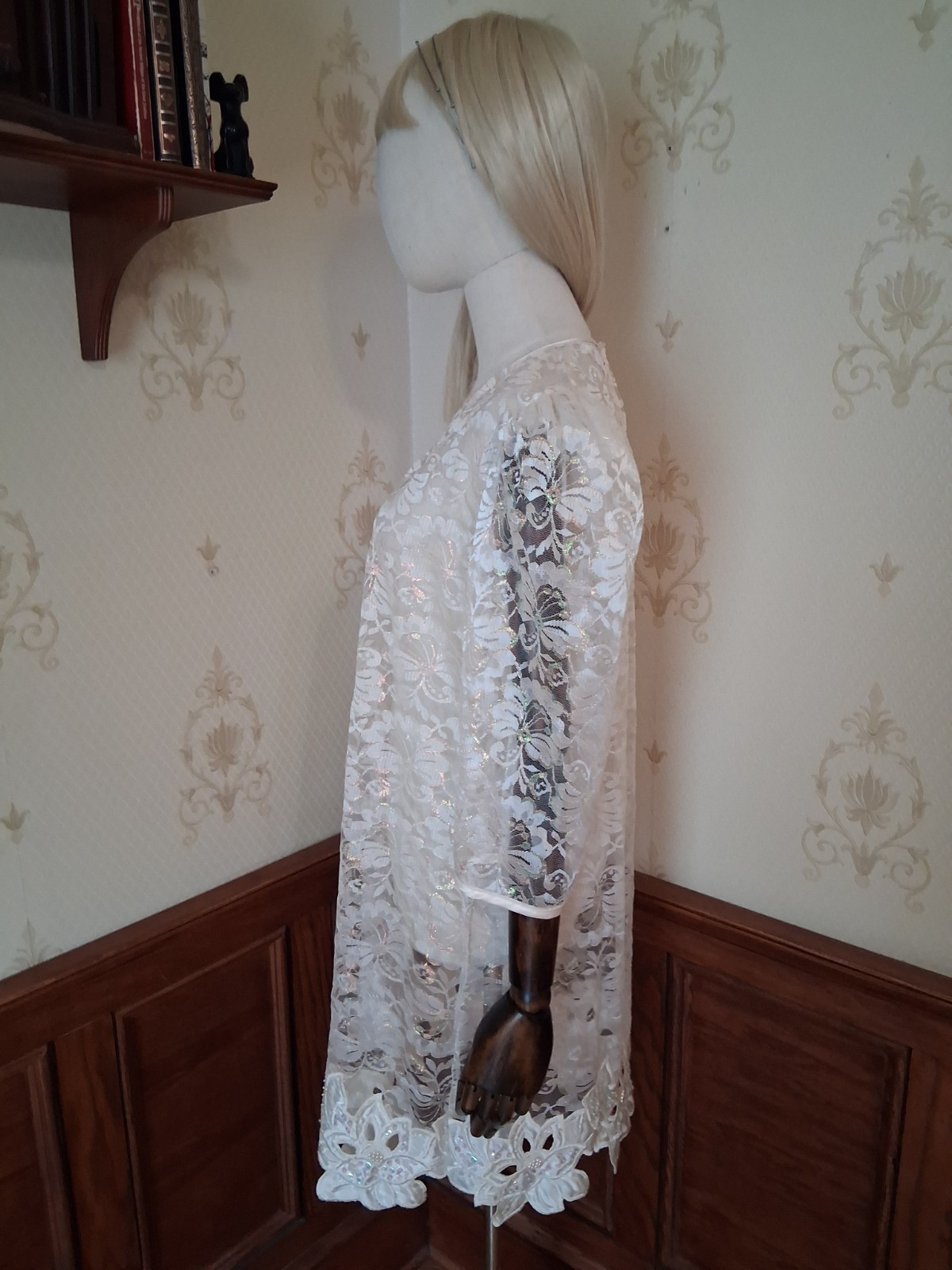 Vintage 1980s Desiree Ivory Sheer Iridescent Lace Romantic Coquette Mini-Dress