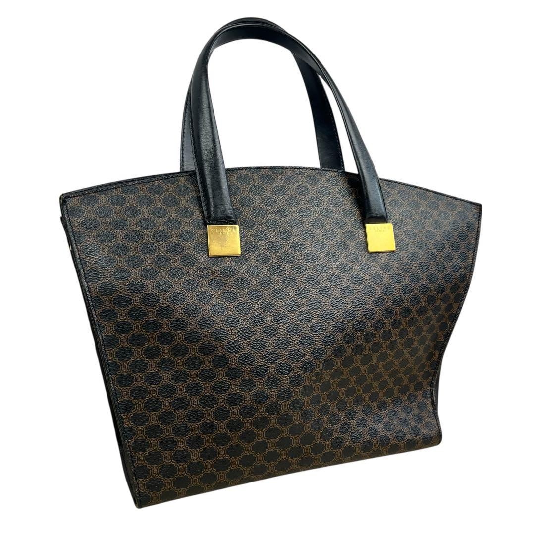 CELINE Macadam Pattern Leather Tote Handbag Dark Brown Gold Hardware Women