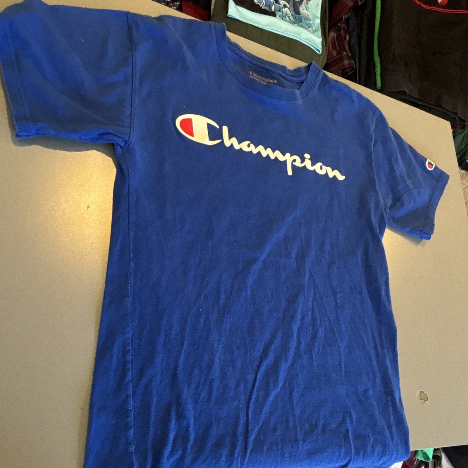 Champion Men’s S Blue Logo Graphic Print Crew Neck Cotton Short Sleeve Tee