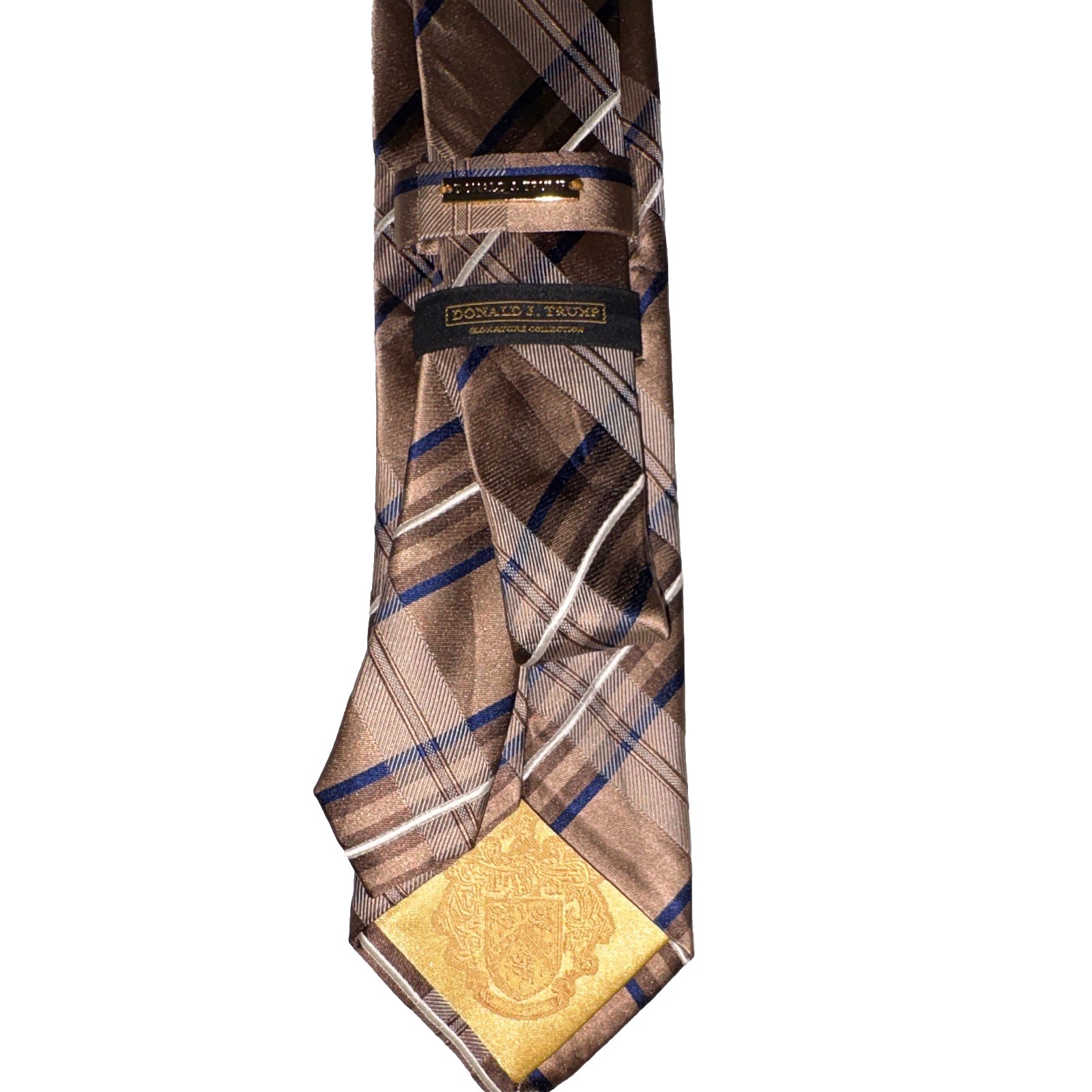Donald J. Trump Men’s Woven Silk Tie Brown Blue Plaid Check Logo Designer