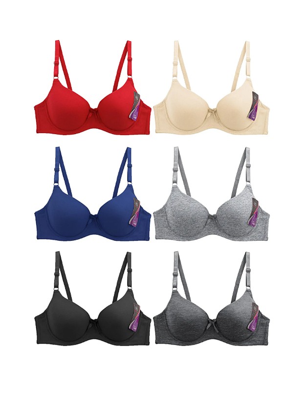 Women’s Classic Cotton Solid Color Padded 4 Hook Closure Bra Set Pack of 6