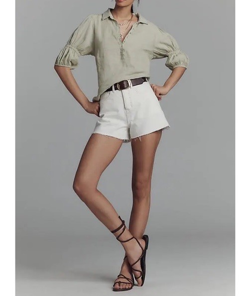 Pilcro Tallulah Double Puff Sleeve Linen Blouse 1/2 Button Mint Womens M