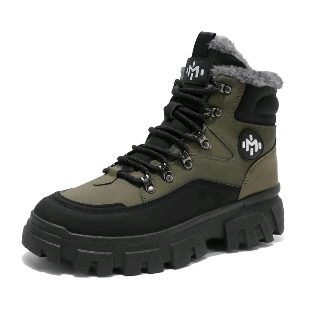 Men’s Green/Black Lace-Up Ankle Hiking Boots Round Toe Solid Pattern
