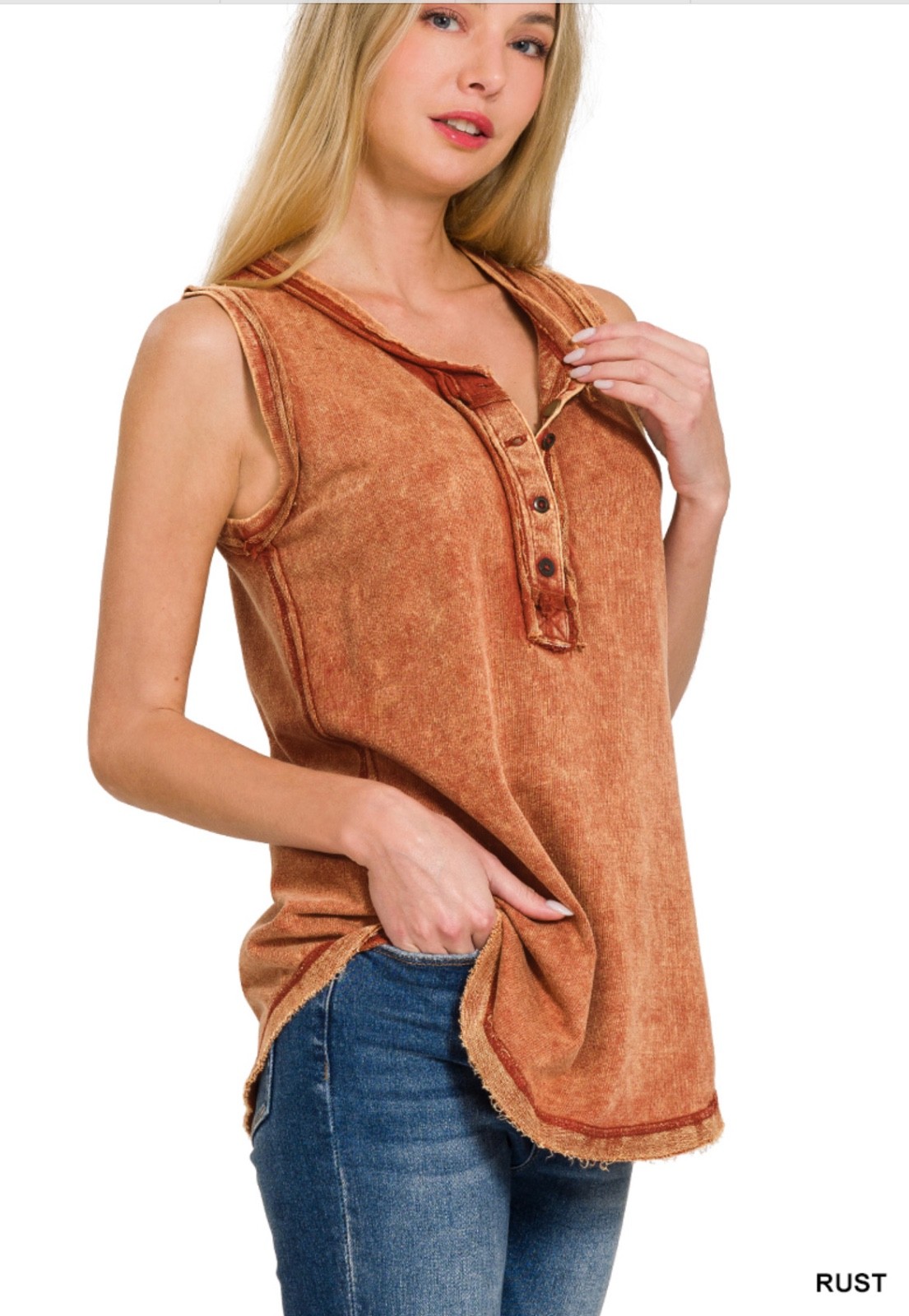 ZENANA 5251 Color Washed Henley Tank top Tunic 100% CottonRaw Edge Exposed Seam