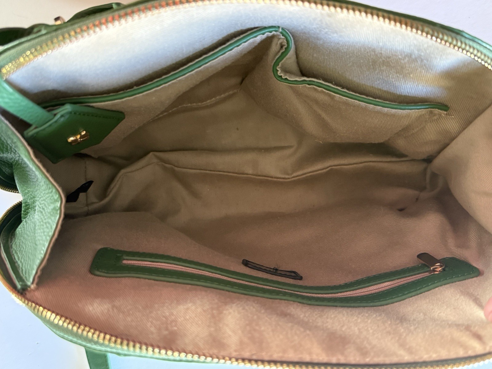 Ora Delphine Green Pebbled Satchel Top Handle Detachable Strap Gold Zip