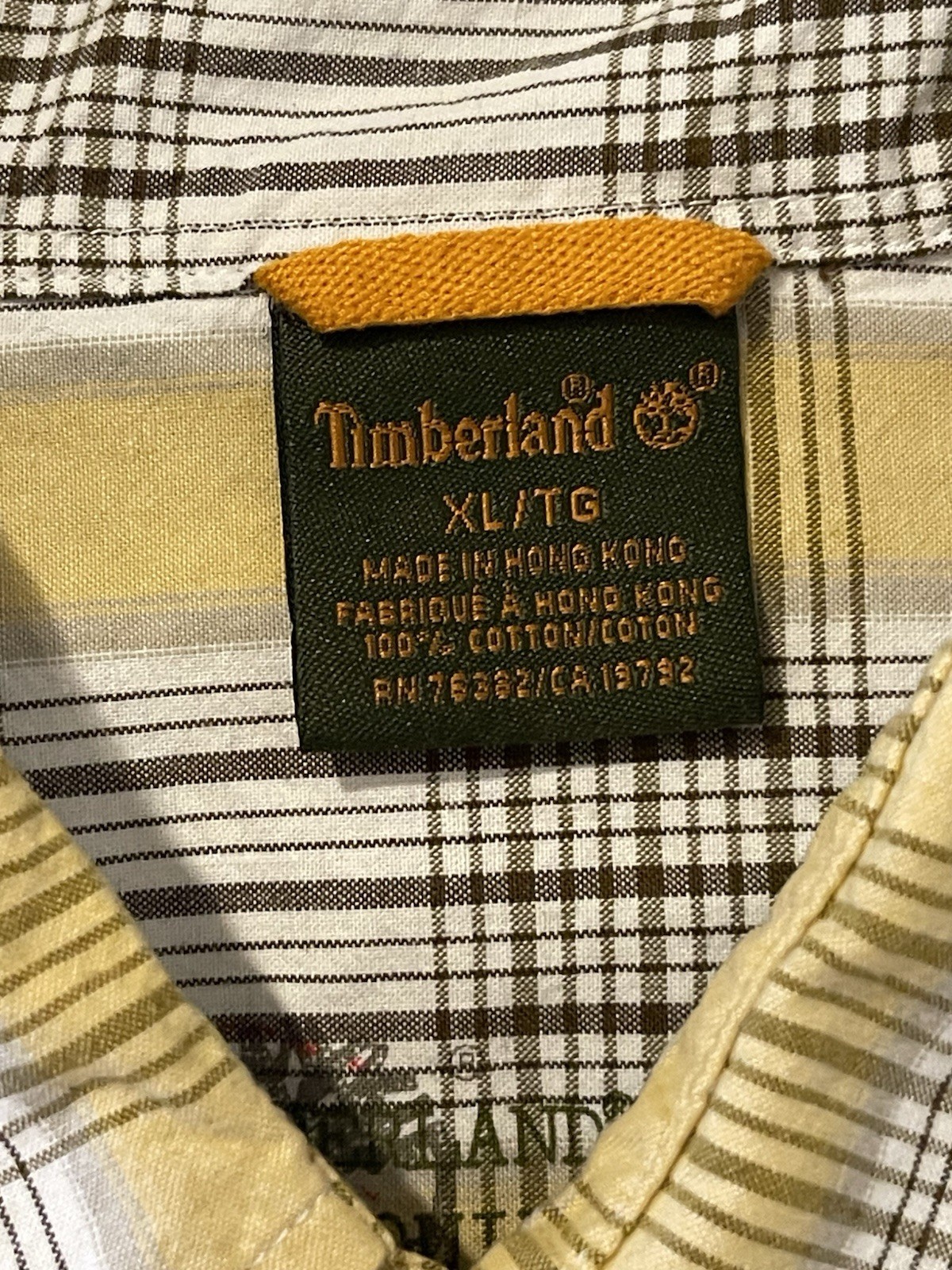 Timberland Utility Camp Plaid Short Sleeve Button-Up Cotton Pockets XL Beige
