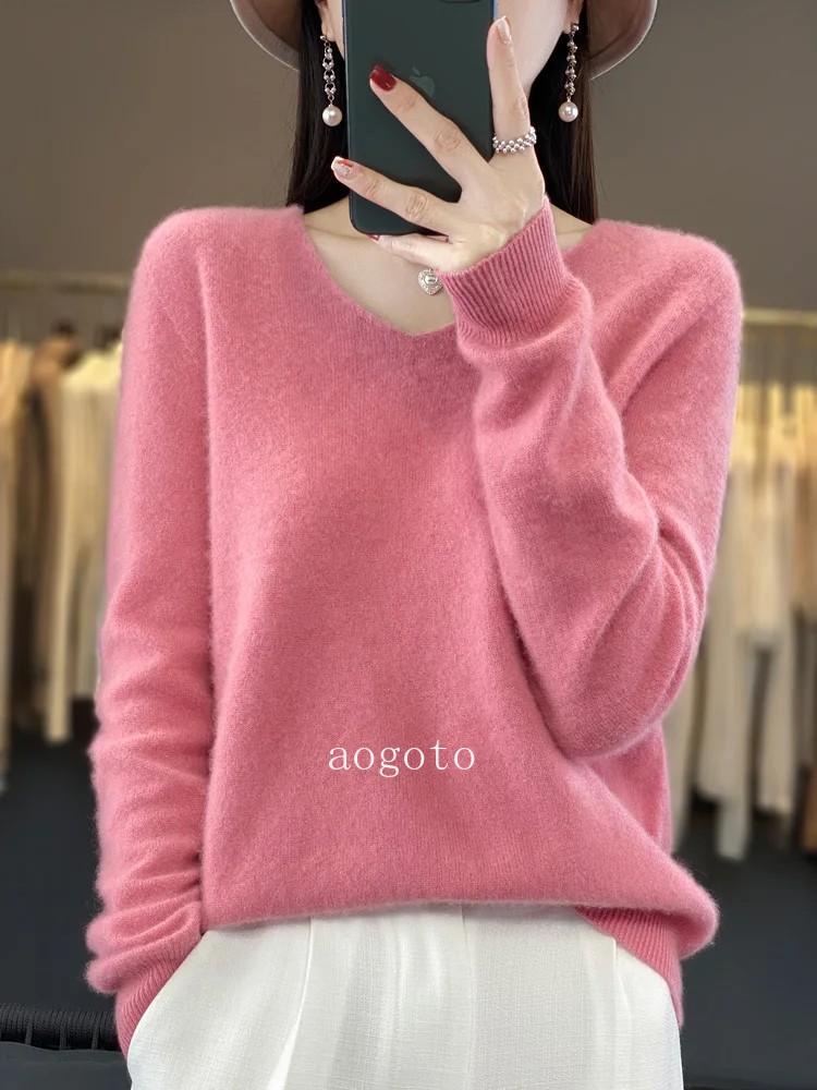 Women’s V-neck Pullover Sweater Knitwear Soft Warm Cashmere Loose Grace Style