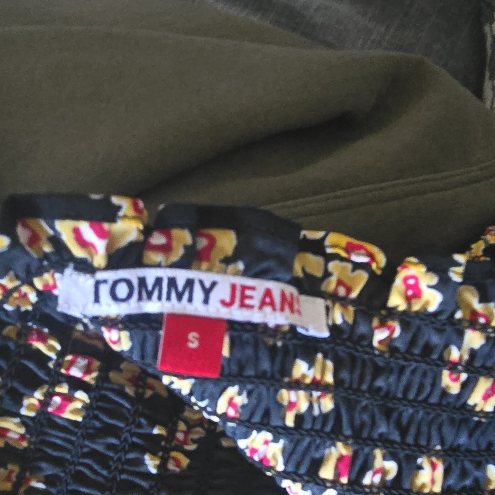 Tommy Jeans Black/Yellow/White/Red Floral Smocked Stretch Square Neck Blouse S