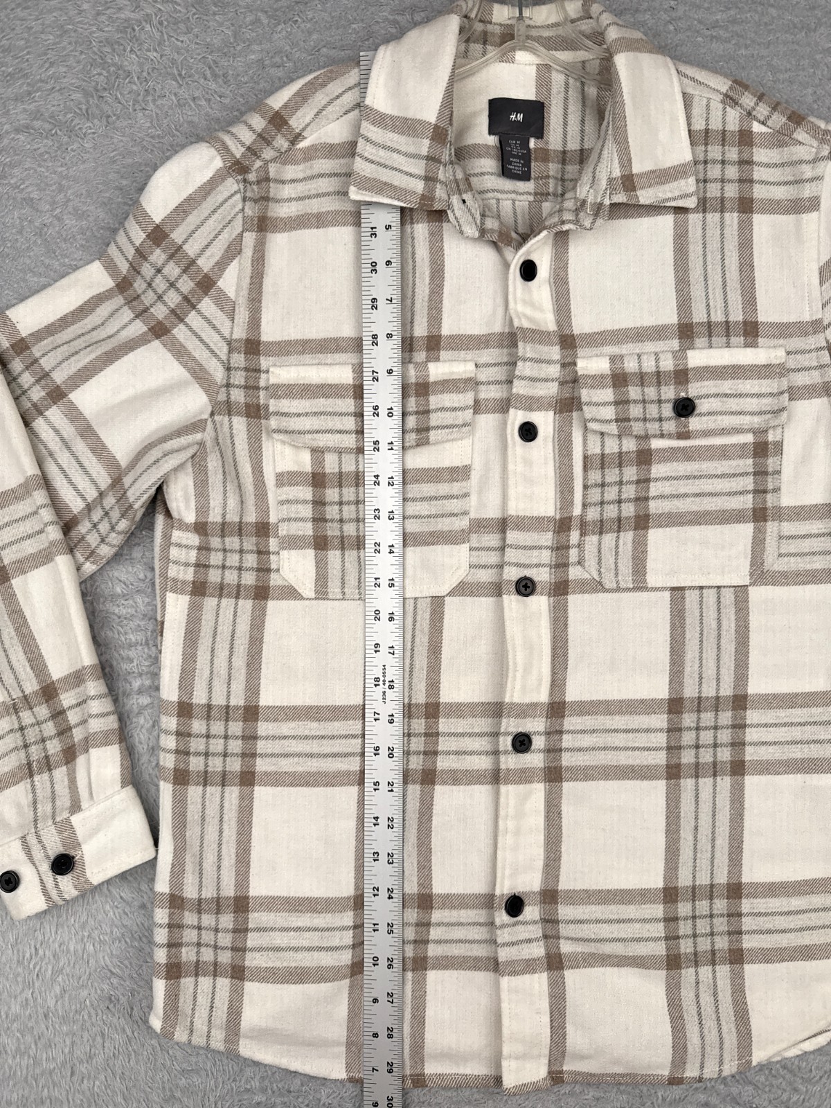H&M Shirt Men Medium Beige White Plaid Flannel Poly Wool Blend Button Up Pockets