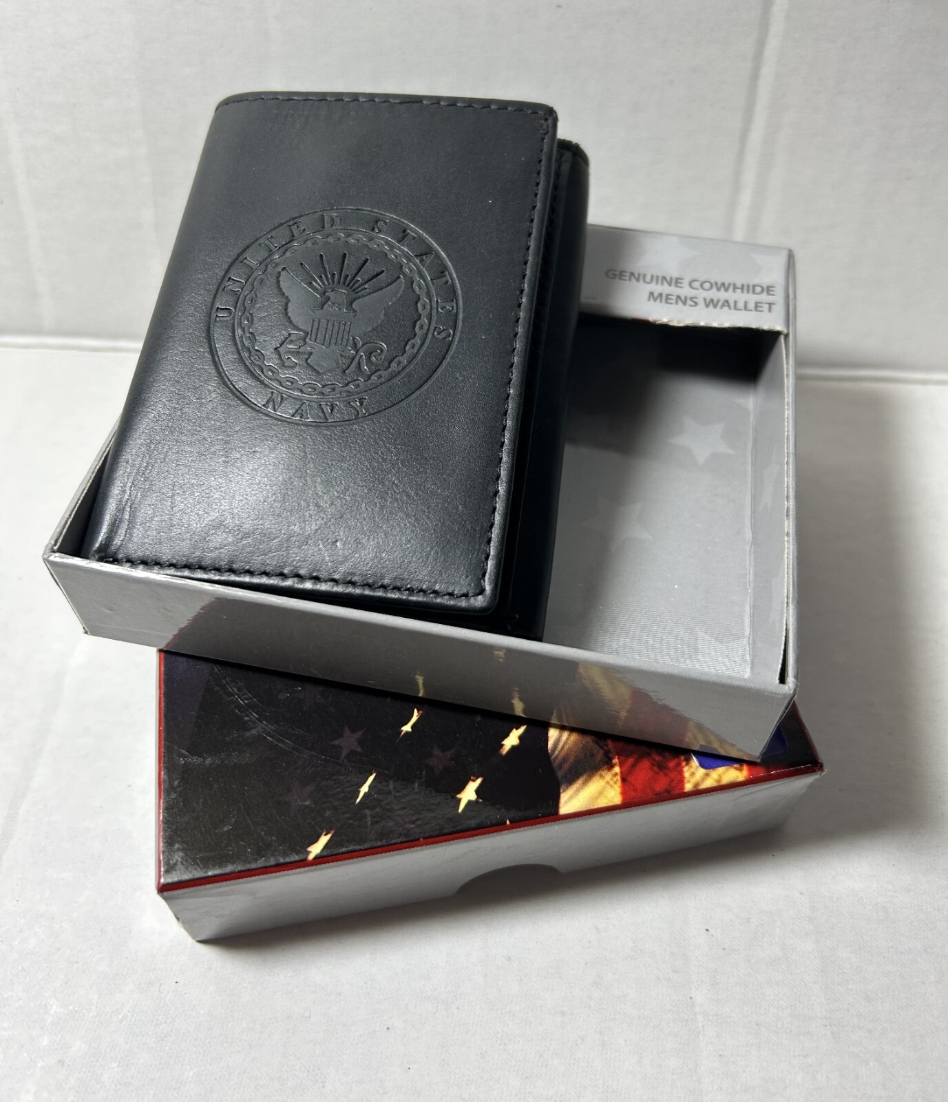 U.S Navy cowhide leather men trifold wallet black embossed New in box