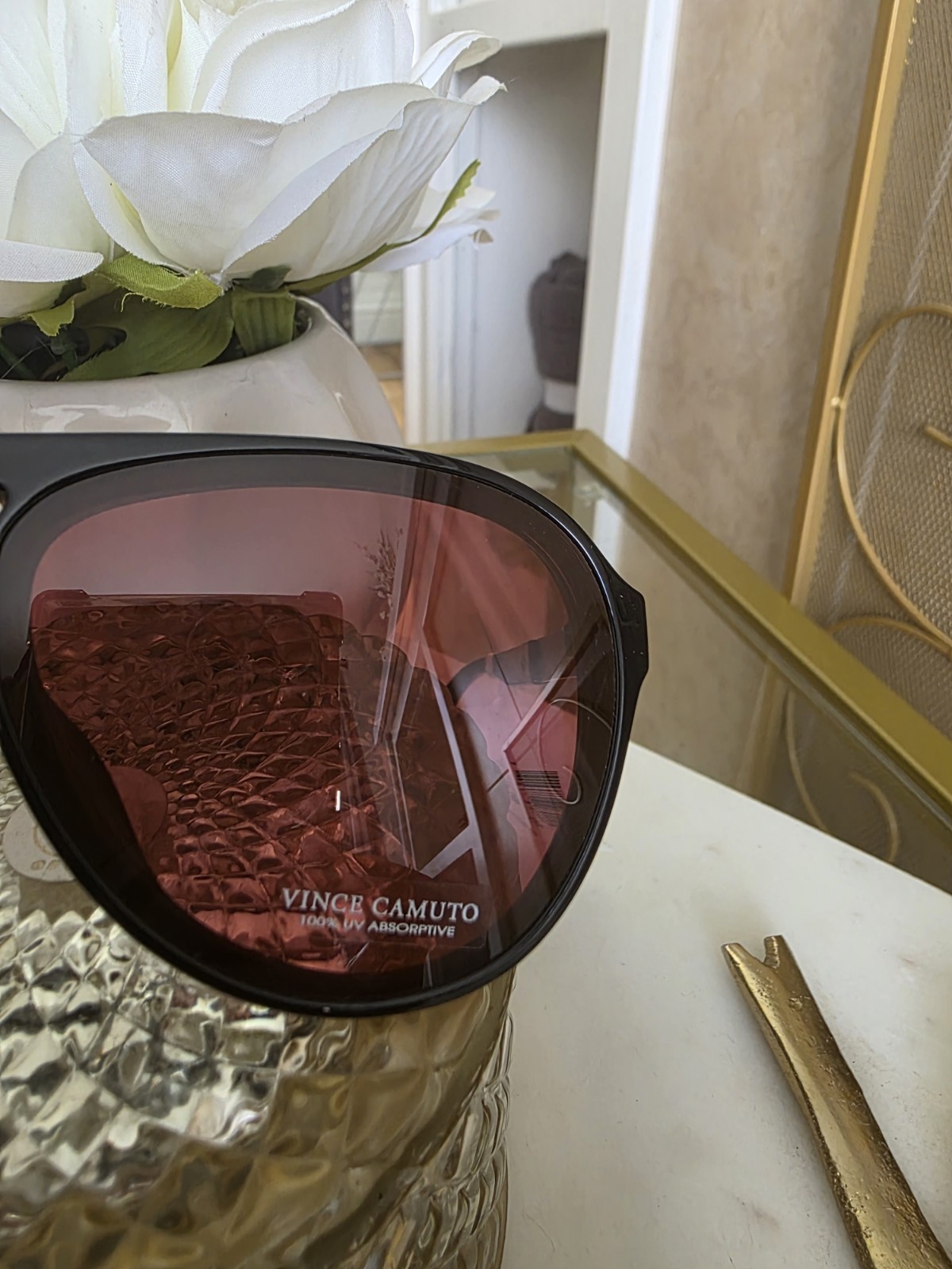 Vince Camuto Women’s Aviator Sunglasses Black Plastic Frame Red Tinted Lens