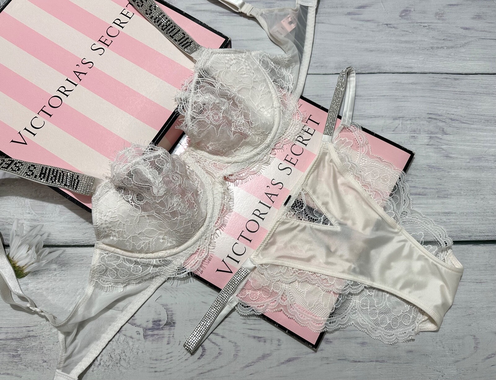 Victoria’s Secret Shine Strap Bra Bikini Set Bridal Lace Blink Cheeky White