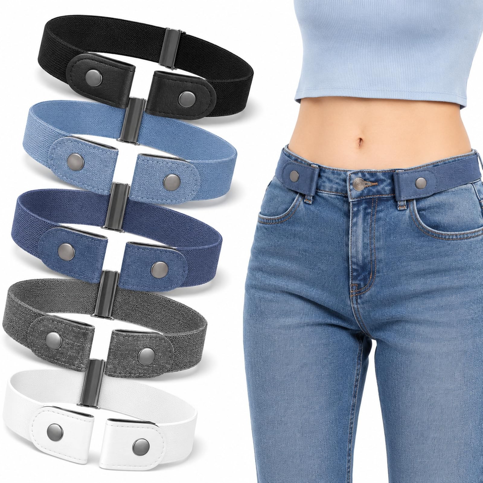 5 Pcs No Buckle Stretch Belt Elastic Invisible Waist Belt for Men Women Jeans