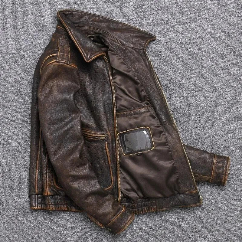 Men’s Vintage A2 Bomber AIR Force Style Waxed Tan Brown Real Leather Jacket