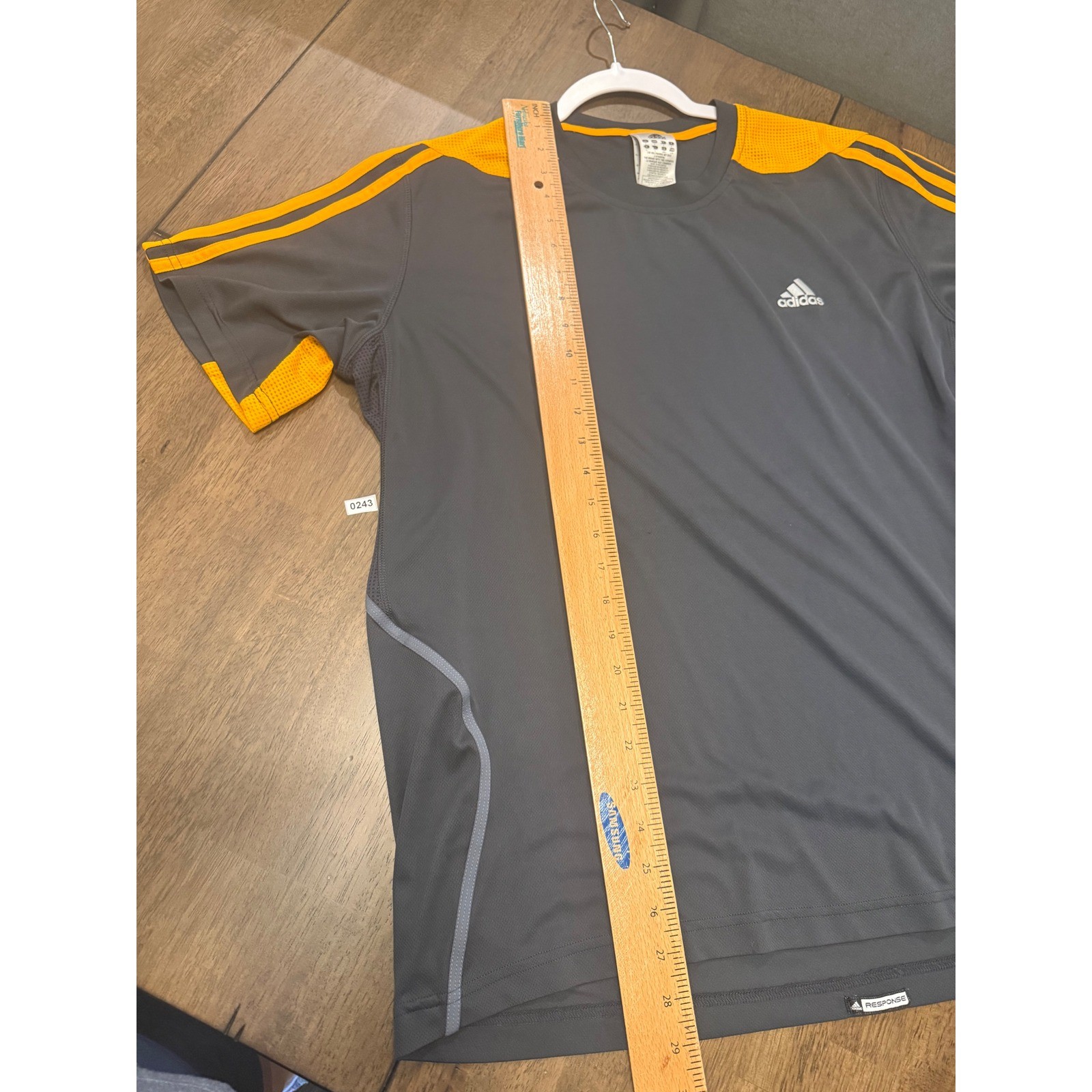 Adidas Response Men Large Charcoal Grey Orange 3-Stripe Performance Mesh T-Shirt
