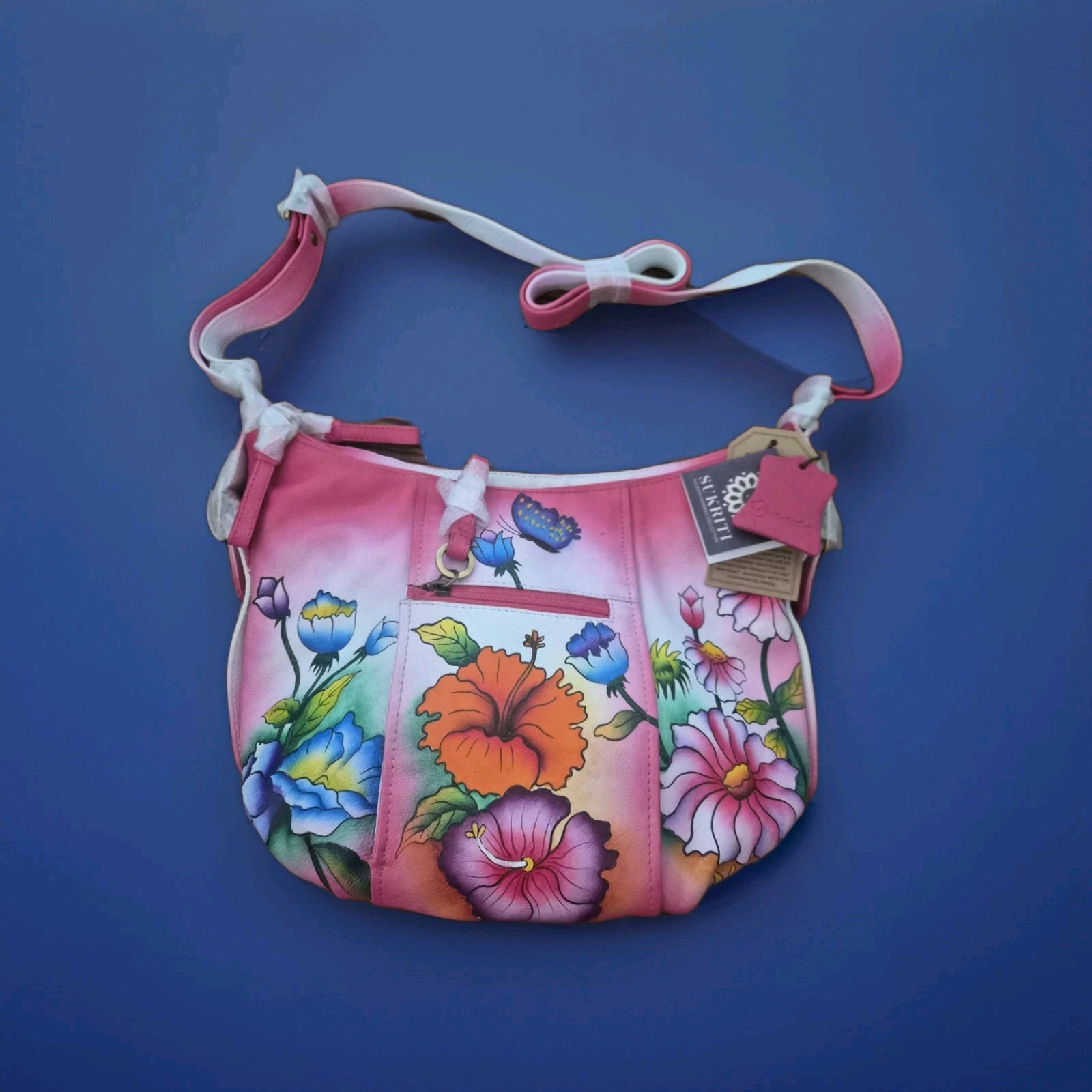 NWT Sukriti Kolkata Handbag Genuine Leather Handpainted Shoulder Bag Floral NEW