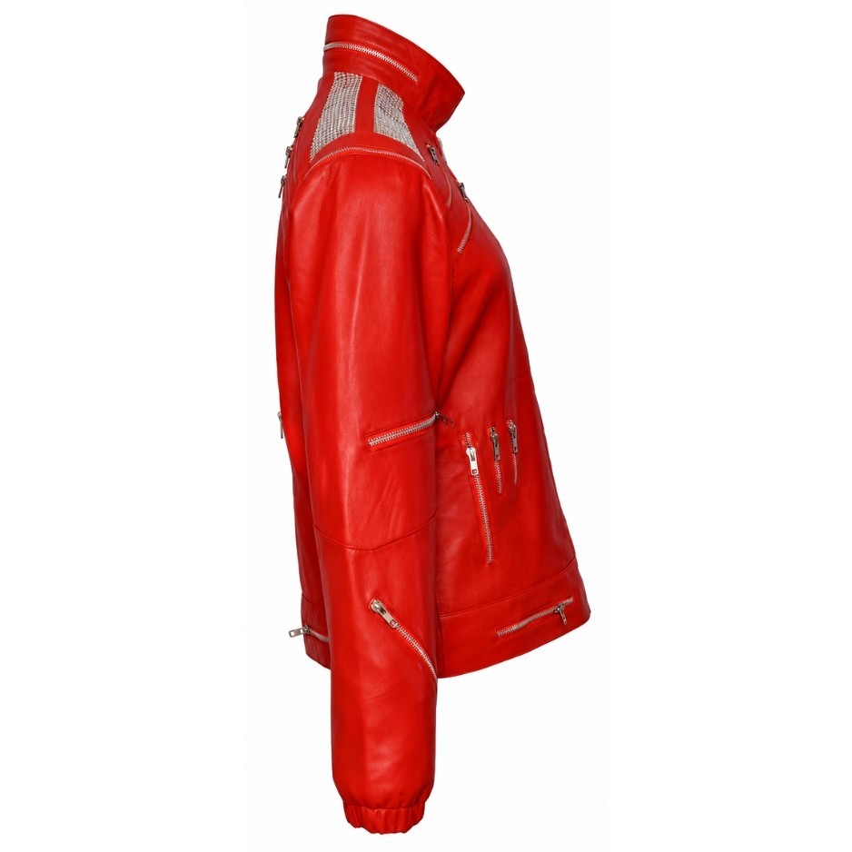 MJ Thriller Beat It Red Real Leather Jacket Michael Jackson Inspired Men New