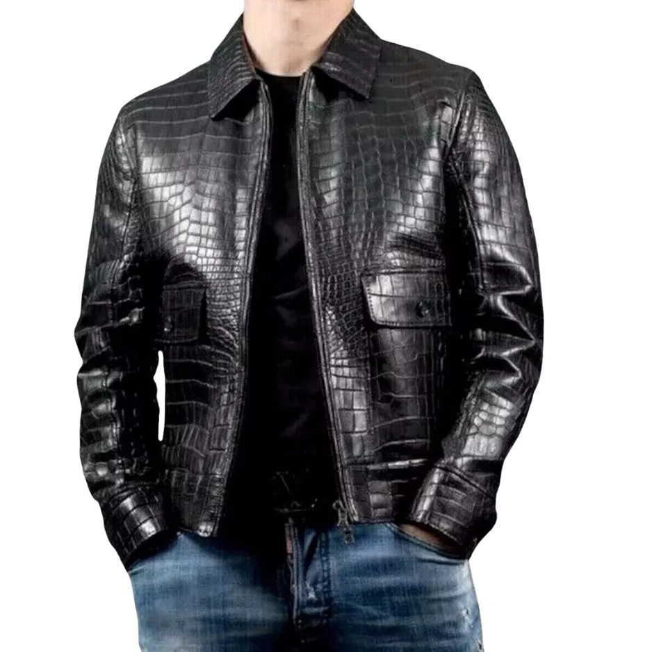 Men’s Black Real Leather Crocodile Embossed Biker Jacket Alligator Print Coat