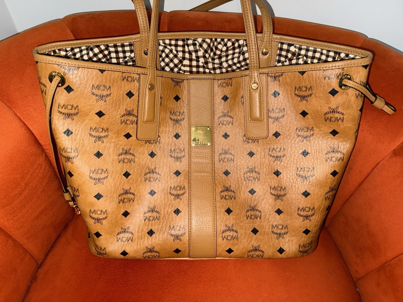 MCM Monogram Brown Tote Bag w/ Pouch, Logo Accents, Inner Pockets, Gold HW