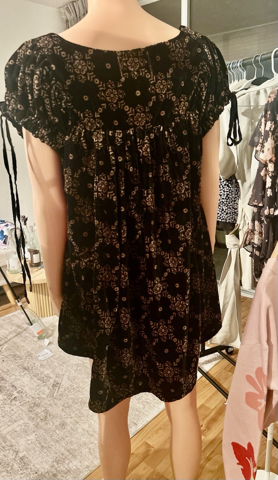 Black Beige Floral Square Neck Tie Short Sleeve Pullover Blouse Size S