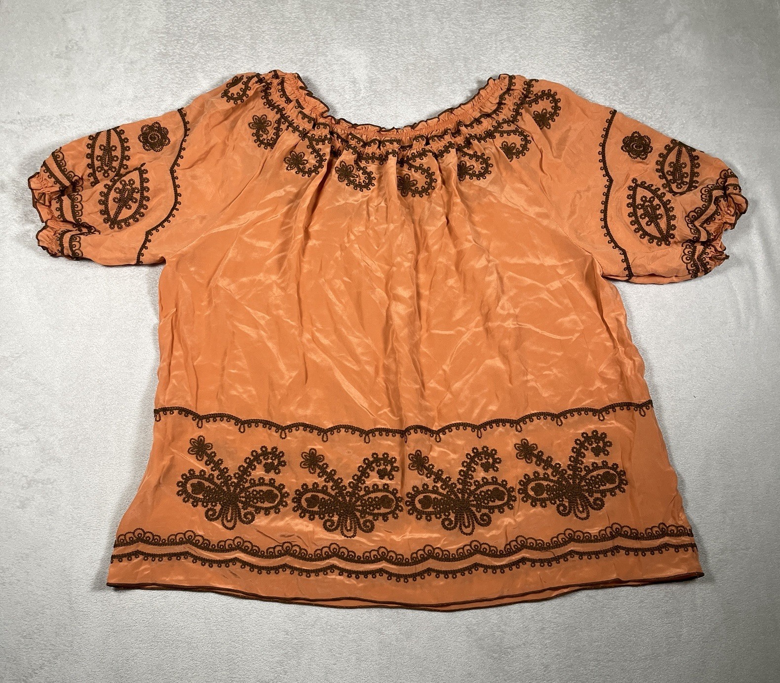 NWT-Sundance Embroidered 100% Silk Short Sleeve Blouse Women Large Top