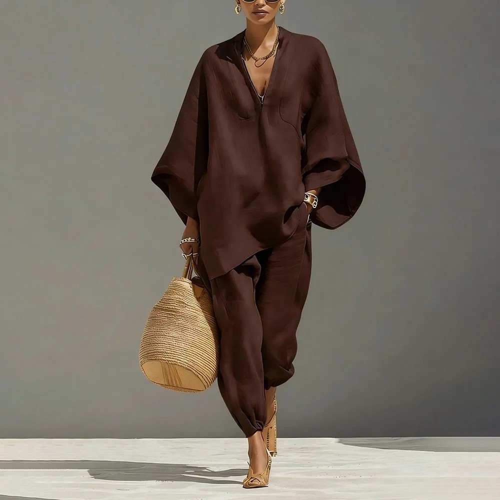 Casual V-neck Two Piece Set Women Outfits Summer Long Sleeve Wide Pant Sets New