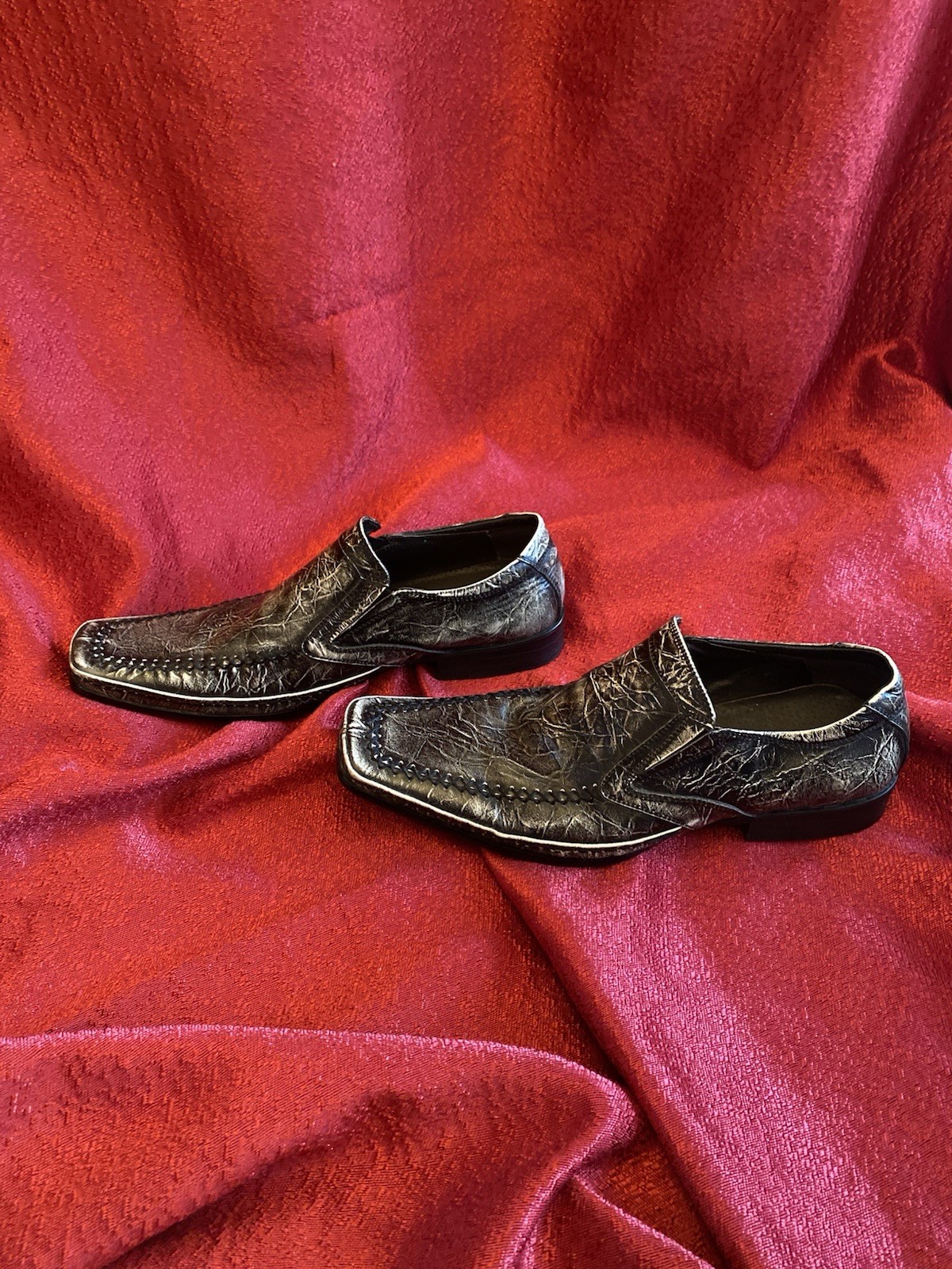 STACY ADAMS Thick Stitch Sq. Toe Slip On Loafer Black Marble Leather Sz 7.5 VTG