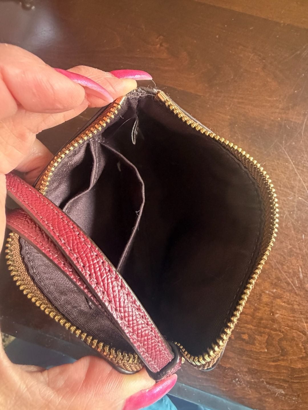 Coach Corner Zip Wristlet in Signature Canvas and Metallic Cherry Leather