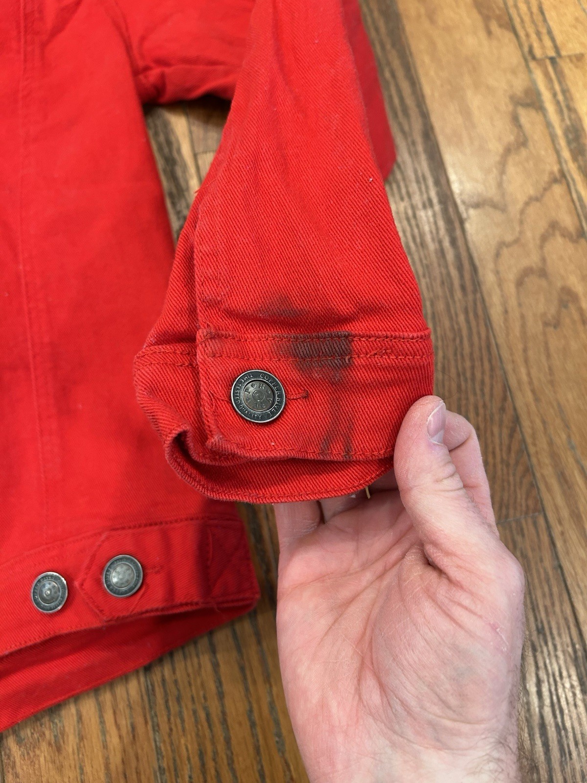 Copper Rivet Denim Jacket Mens Large L Red Distressed Ripped Jean Trucker Coat