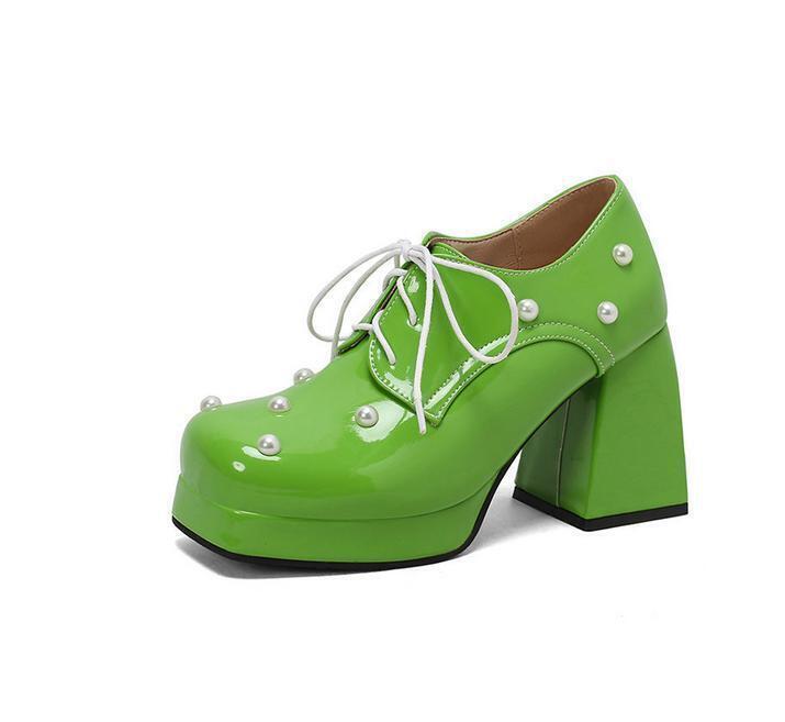 Women Square Toe Beaded Lace Up Pumps Candy Color Mary Jane Shoe Block Heel Pump