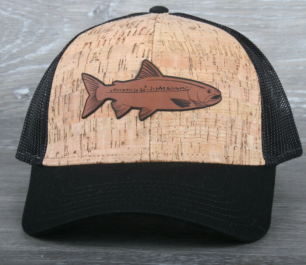 Rainbow trout leather patch on an Otto 6 Panel Cork Mesh Back Hat