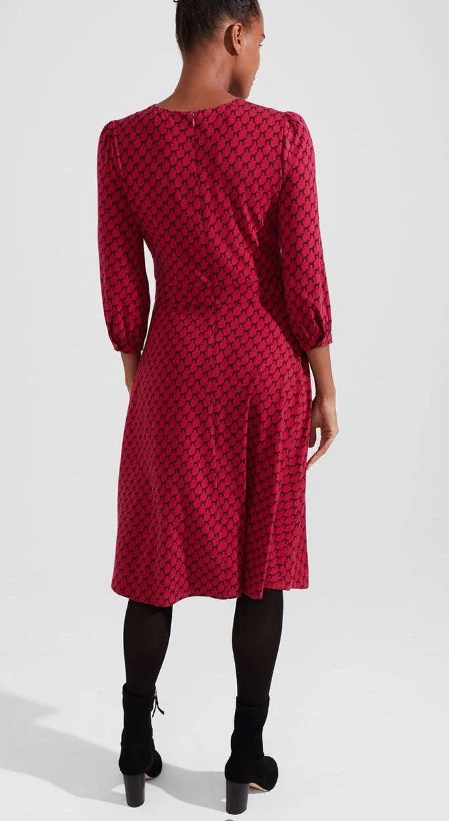 Hobbs Indi Jersey Dress in Berry Red/Black Dog Print UK14 RRP£89 NEW