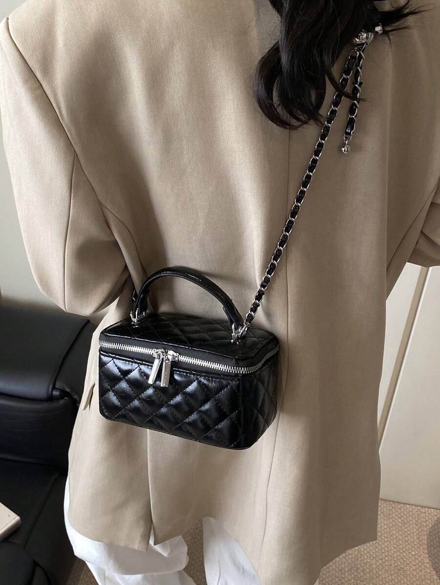 Fashionable Quilted Box Bag Plain Mini Crossbody Chain Strap Zipper Purse
