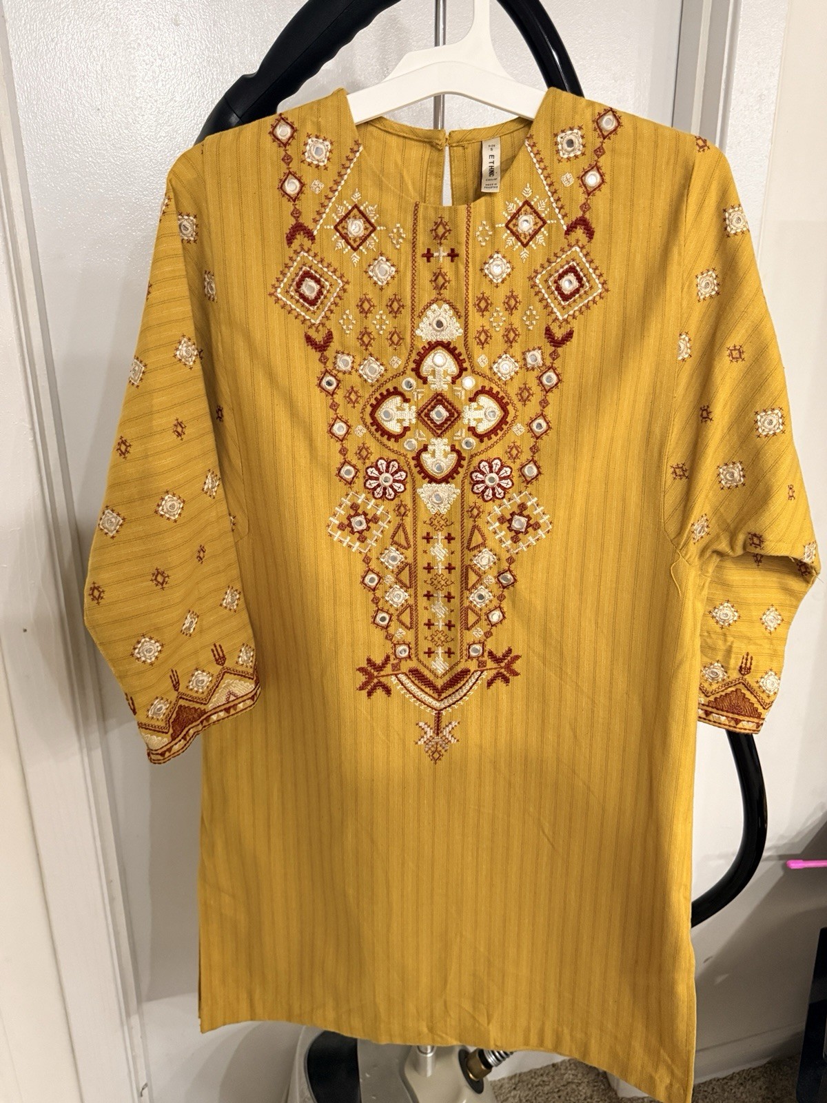 Ethnic desi Pakistani kurti Shirt mustard yellow with embroidery and mirror work