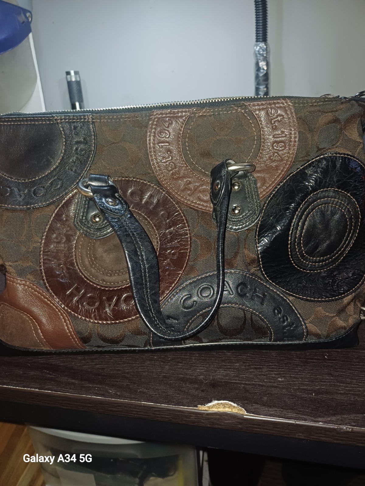 Coach Logo Satchel Top Handle Bag Brown/Black Zip, Detachable Strap Silver HW