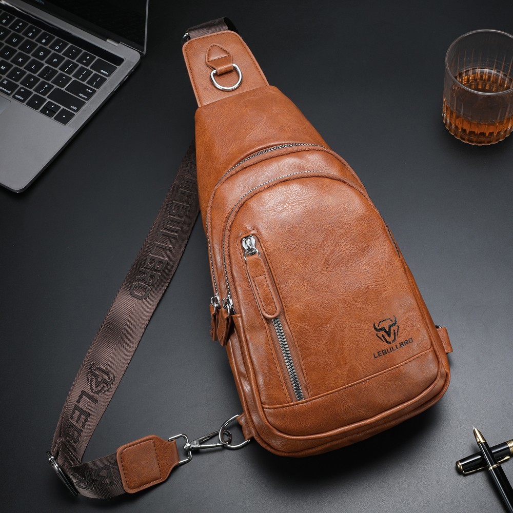 LEBULLBRO Men Leather Sling Bag Crossbody Chest Bag Shoulder Bag for Travel Work